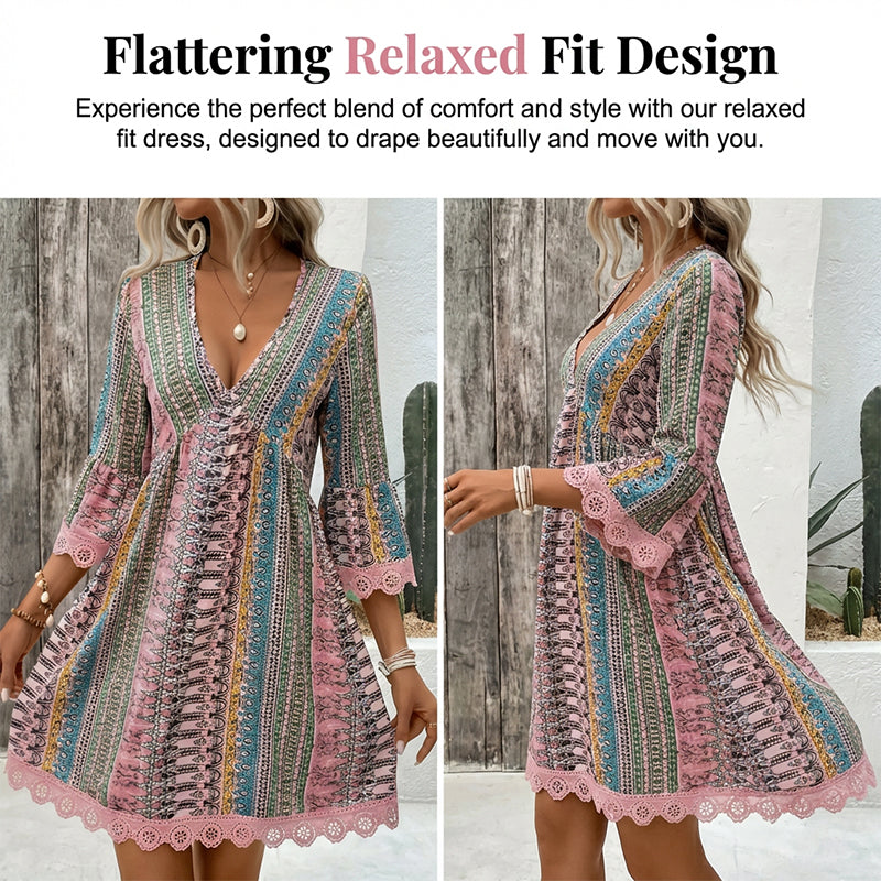 📢📢50 % Rabatt!!🌿✨Minikleid für Damen mit V-Ausschnitt, geometrischem Muster und Spitzenbesatz – perfekt für den Urlaub