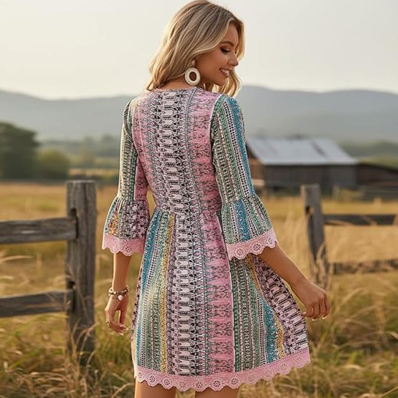 📢📢50 % Rabatt!!🌿✨Minikleid für Damen mit V-Ausschnitt, geometrischem Muster und Spitzenbesatz – perfekt für den Urlaub