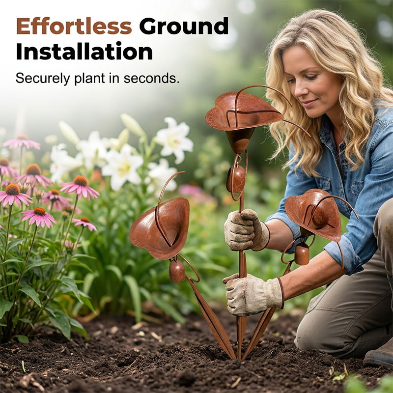 📢📢50 % Rabatt!!🥳🌷Gartenstecker aus geflammtem Kupfer mit drei Calla-Lilien und Glöckchen