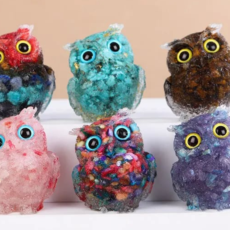 🎁🦉 Natürlicher Kristall-Edelstein-Harz-Eulen-Dekor – Handgefertigter Tischornament für zu Hause, Büro, Auto & Hochzeit