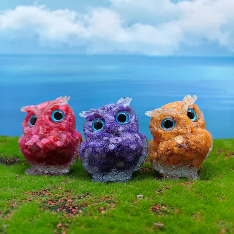 🎁🦉 Natürlicher Kristall-Edelstein-Harz-Eulen-Dekor – Handgefertigter Tischornament für zu Hause, Büro, Auto & Hochzeit