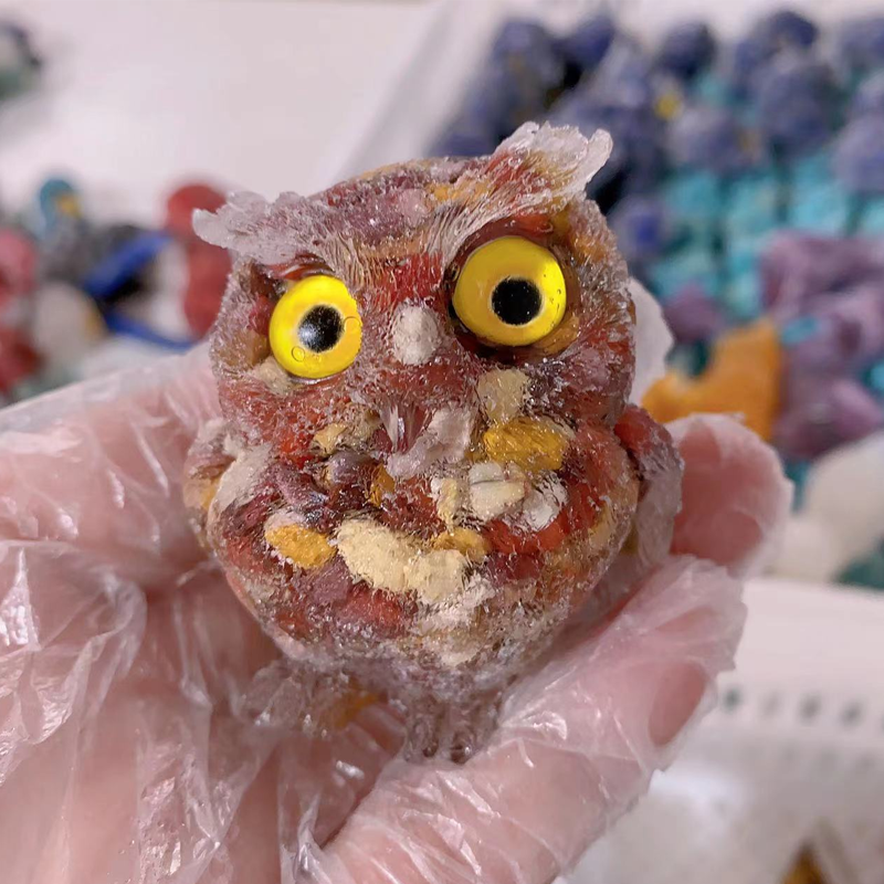 🎁🦉 Natürlicher Kristall-Edelstein-Harz-Eulen-Dekor – Handgefertigter Tischornament für zu Hause, Büro, Auto & Hochzeit
