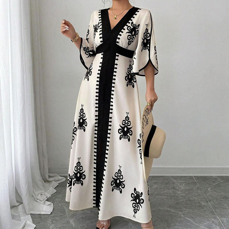 👗⏰ 50% RABATT+Versandkostenfrei!🌸🌿Elegantes Damen Maxikleid mit V-Ausschnitt & Retro-Print – Fließender Stoff, Glockenärmel & kontrastierende schwarze Besätze – Perfekt für Urlaub, Picknick & Abendausflüge ✨