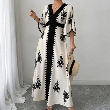 👗⏰ 50% RABATT+Versandkostenfrei!🌸🌿Elegantes Damen Maxikleid mit V-Ausschnitt & Retro-Print – Fließender Stoff, Glockenärmel & kontrastierende schwarze Besätze – Perfekt für Urlaub, Picknick & Abendausflüge ✨