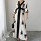 👗⏰ 50% RABATT+Versandkostenfrei!🌸🌿Elegantes Damen Maxikleid mit V-Ausschnitt & Retro-Print – Fließender Stoff, Glockenärmel & kontrastierende schwarze Besätze – Perfekt für Urlaub, Picknick & Abendausflüge ✨