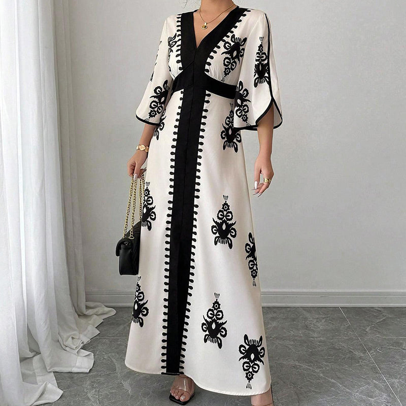👗⏰ 50% RABATT+Versandkostenfrei!🌸🌿Elegantes Damen Maxikleid mit V-Ausschnitt & Retro-Print – Fließender Stoff, Glockenärmel & kontrastierende schwarze Besätze – Perfekt für Urlaub, Picknick & Abendausflüge ✨