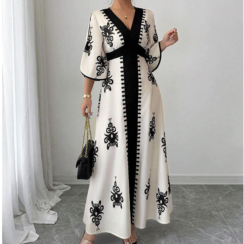 👗⏰ 50% RABATT+Versandkostenfrei!🌸🌿Elegantes Damen Maxikleid mit V-Ausschnitt & Retro-Print – Fließender Stoff, Glockenärmel & kontrastierende schwarze Besätze – Perfekt für Urlaub, Picknick & Abendausflüge ✨