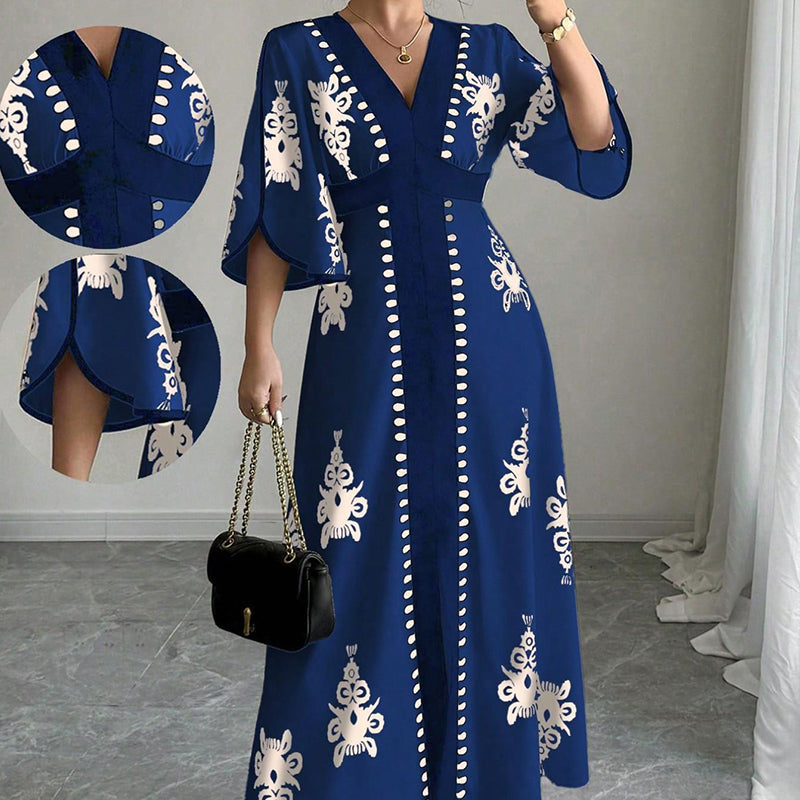 👗⏰ 50% RABATT+Versandkostenfrei!🌸🌿Elegantes Damen Maxikleid mit V-Ausschnitt & Retro-Print – Fließender Stoff, Glockenärmel & kontrastierende schwarze Besätze – Perfekt für Urlaub, Picknick & Abendausflüge ✨