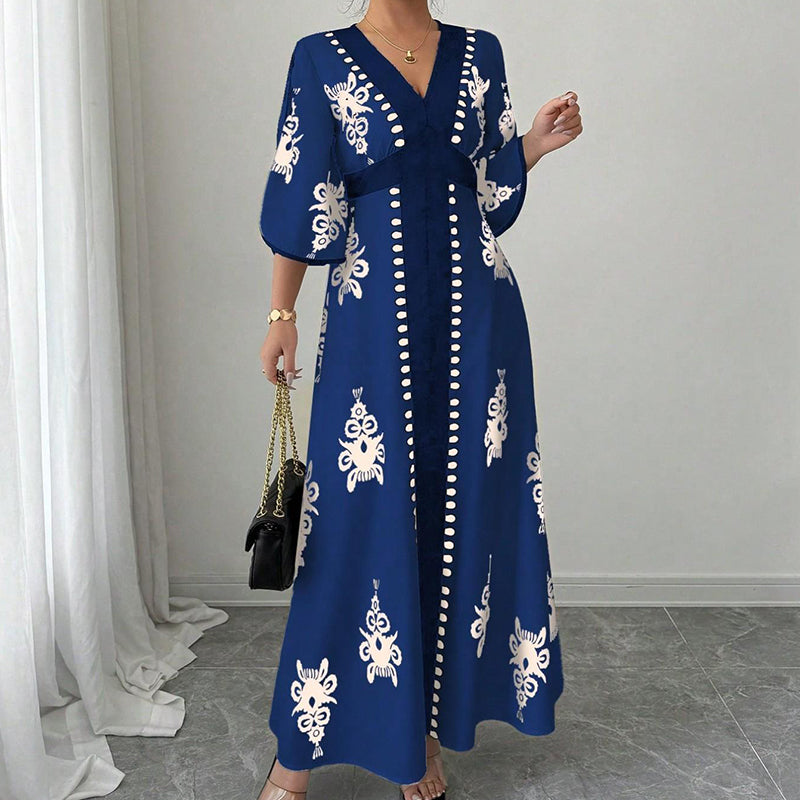 👗⏰ 50% RABATT+Versandkostenfrei!🌸🌿Elegantes Damen Maxikleid mit V-Ausschnitt & Retro-Print – Fließender Stoff, Glockenärmel & kontrastierende schwarze Besätze – Perfekt für Urlaub, Picknick & Abendausflüge ✨