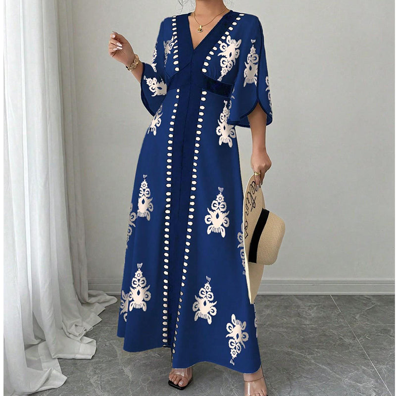 👗⏰ 50% RABATT+Versandkostenfrei!🌸🌿Elegantes Damen Maxikleid mit V-Ausschnitt & Retro-Print – Fließender Stoff, Glockenärmel & kontrastierende schwarze Besätze – Perfekt für Urlaub, Picknick & Abendausflüge ✨