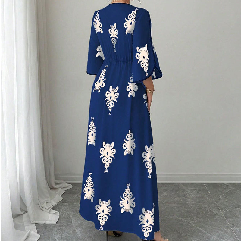 👗⏰ 50% RABATT+Versandkostenfrei!🌸🌿Elegantes Damen Maxikleid mit V-Ausschnitt & Retro-Print – Fließender Stoff, Glockenärmel & kontrastierende schwarze Besätze – Perfekt für Urlaub, Picknick & Abendausflüge ✨