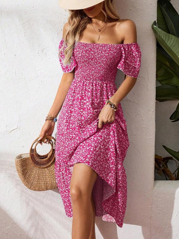 🌈 50% Rabatt! 🔥✨Quadratisches Hals Floral Midi Kleid - Räuchertes Bodice, fließender Schichtroch, Romantisch 🌸