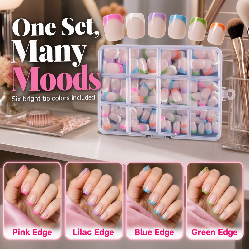 💅 288 bunte künstliche Fingernägel zum Aufkleben – kurze, eckige Spitzen & French Edge! ✨ In wenigen Minuten fertig – perfekt für schnelle Style-Wechsel. 📦 Praktische Aufbewahrungsbox – 3 kaufen und 10 % sparen! 🌈