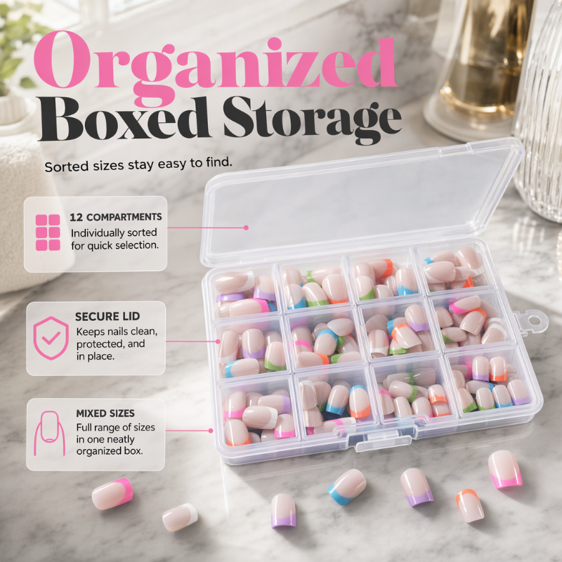 💅 288 bunte künstliche Fingernägel zum Aufkleben – kurze, eckige Spitzen & French Edge! ✨ In wenigen Minuten fertig – perfekt für schnelle Style-Wechsel. 📦 Praktische Aufbewahrungsbox – 3 kaufen und 10 % sparen! 🌈