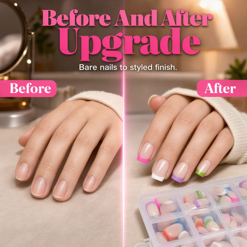 💅 288 bunte künstliche Fingernägel zum Aufkleben – kurze, eckige Spitzen & French Edge! ✨ In wenigen Minuten fertig – perfekt für schnelle Style-Wechsel. 📦 Praktische Aufbewahrungsbox – 3 kaufen und 10 % sparen! 🌈