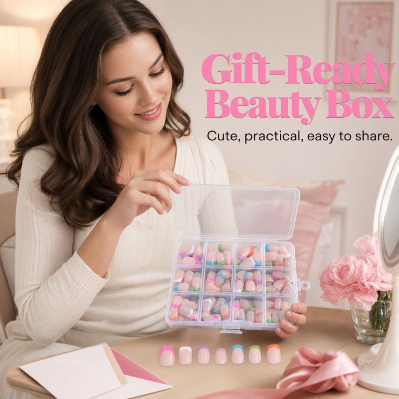 💅 288 bunte künstliche Fingernägel zum Aufkleben – kurze, eckige Spitzen & French Edge! ✨ In wenigen Minuten fertig – perfekt für schnelle Style-Wechsel. 📦 Praktische Aufbewahrungsbox – 3 kaufen und 10 % sparen! 🌈