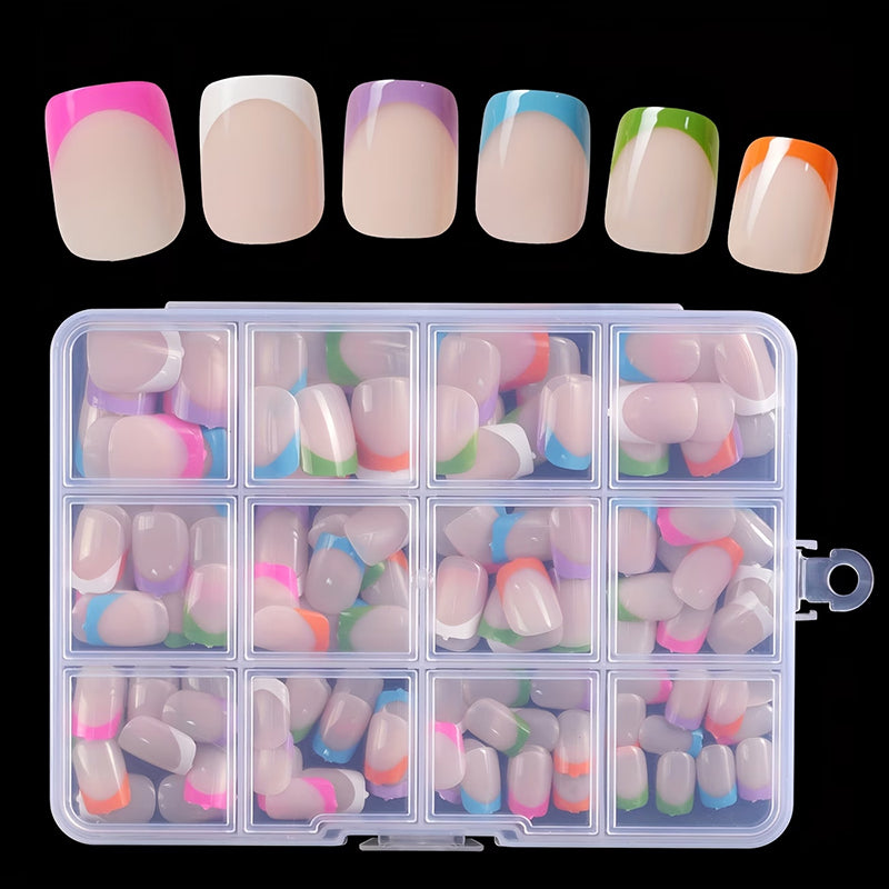 💅 288 bunte künstliche Fingernägel zum Aufkleben – kurze, eckige Spitzen & French Edge! ✨ In wenigen Minuten fertig – perfekt für schnelle Style-Wechsel. 📦 Praktische Aufbewahrungsbox – 3 kaufen und 10 % sparen! 🌈