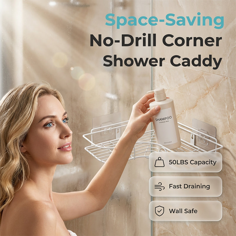 📢📢50 % Rabatt!! ⏰⚡Selbstklebendes Eckregal für die Dusche ohne Bohren, platzsparende Aufbewahrung für Badezimmer🚿🧴