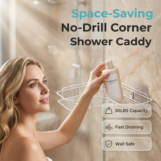 📢📢50 % Rabatt!! ⏰⚡Selbstklebendes Eckregal für die Dusche ohne Bohren, platzsparende Aufbewahrung für Badezimmer🚿🧴