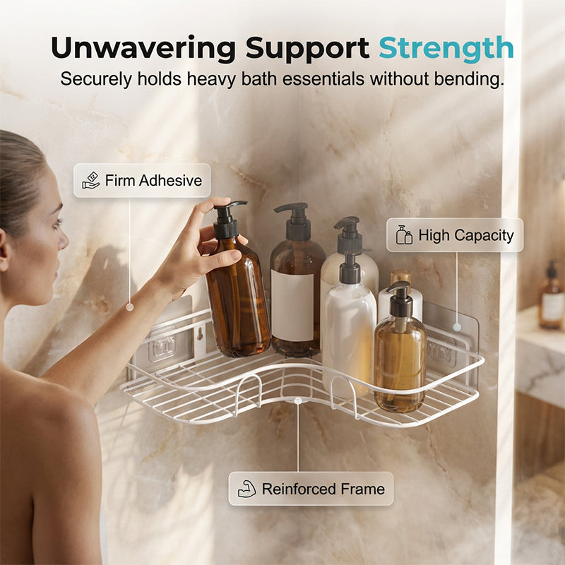 📢📢50 % Rabatt!! ⏰⚡Selbstklebendes Eckregal für die Dusche ohne Bohren, platzsparende Aufbewahrung für Badezimmer🚿🧴