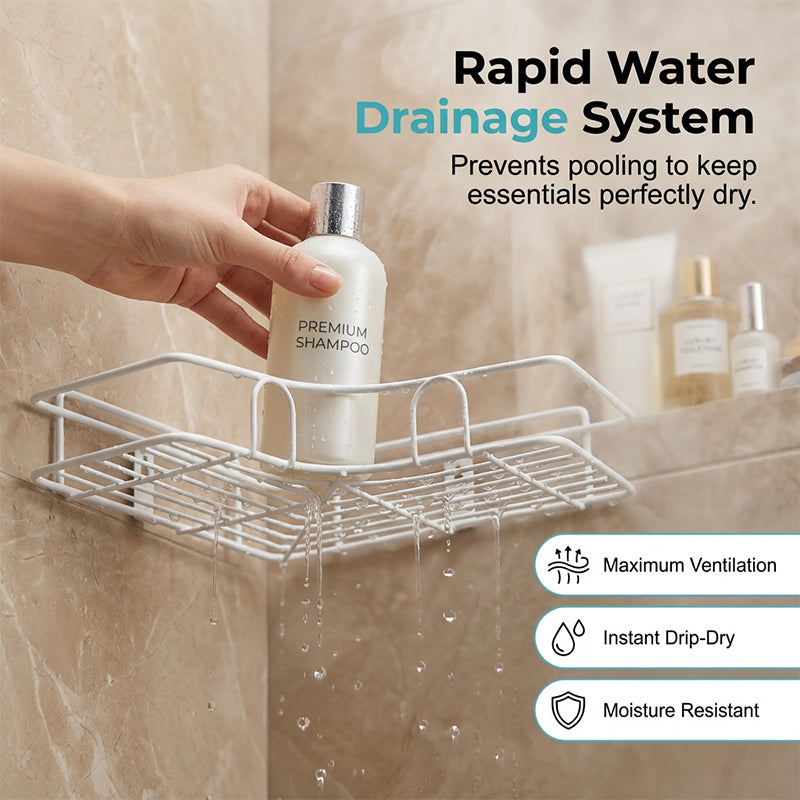 📢📢50 % Rabatt!! ⏰⚡Selbstklebendes Eckregal für die Dusche ohne Bohren, platzsparende Aufbewahrung für Badezimmer🚿🧴