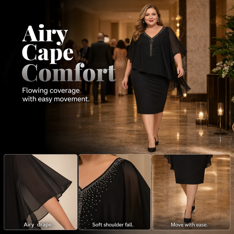 🌸Sommerangebote 2026💐Strassbesetztes Cape-Kleid mit V-Ausschnitt und Chiffon-Überwurf