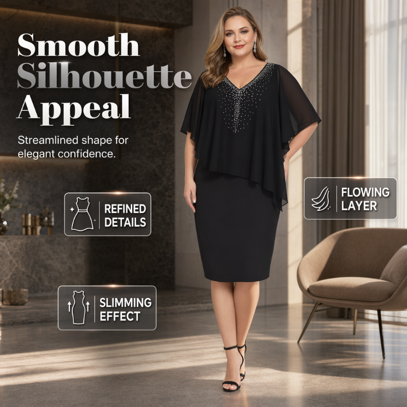 🌸Sommerangebote 2026💐Strassbesetztes Cape-Kleid mit V-Ausschnitt und Chiffon-Überwurf