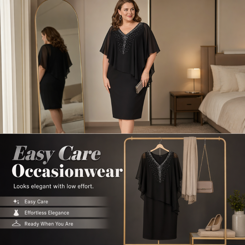 🌸Sommerangebote 2026💐Strassbesetztes Cape-Kleid mit V-Ausschnitt und Chiffon-Überwurf
