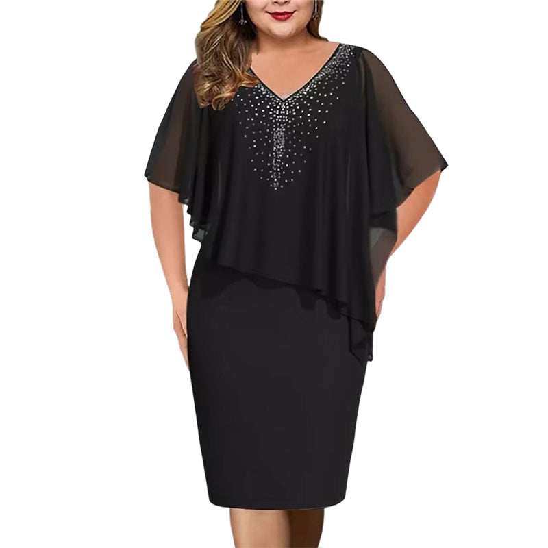 🌸Sommerangebote 2026💐Strassbesetztes Cape-Kleid mit V-Ausschnitt und Chiffon-Überwurf