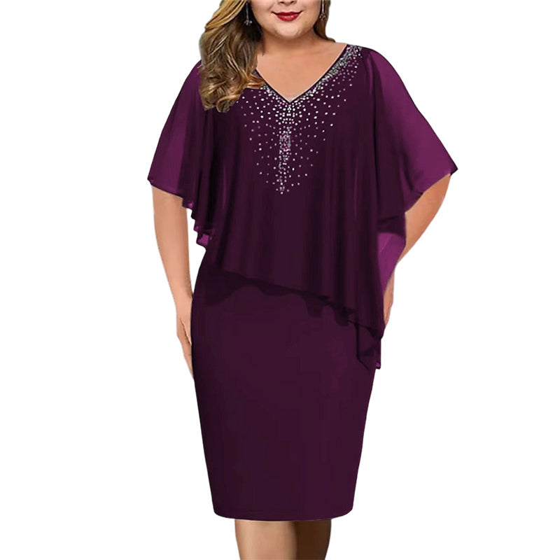🌸Sommerangebote 2026💐Strassbesetztes Cape-Kleid mit V-Ausschnitt und Chiffon-Überwurf