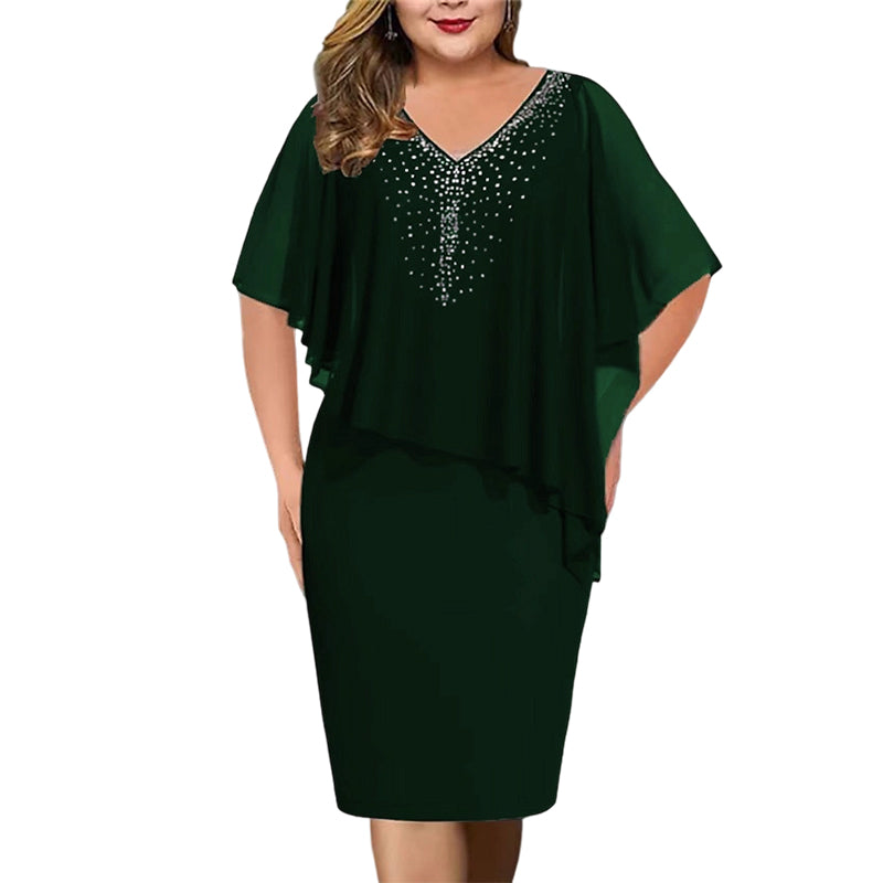 🌸Sommerangebote 2026💐Strassbesetztes Cape-Kleid mit V-Ausschnitt und Chiffon-Überwurf