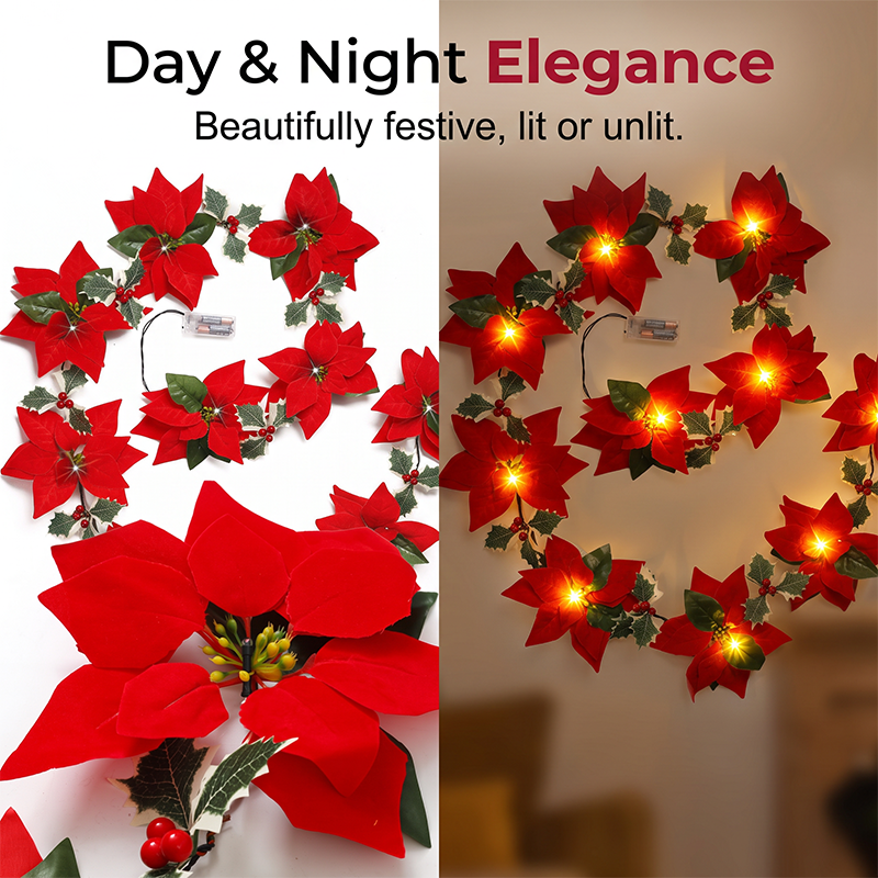 🎄 Weihnachts‑Poinsettia‑Lichterkette, bunte Weihnachtsstern‑Blumen‑LED‑Lichterkette für Dekoration, Innen‑ und Außeneinsatz