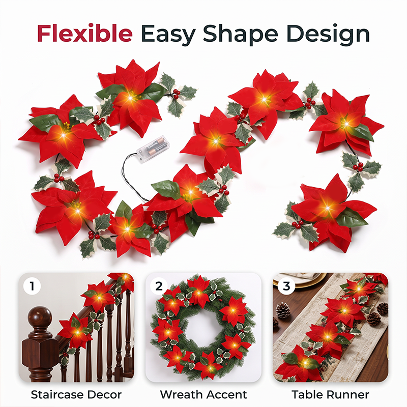 🎄 Weihnachts‑Poinsettia‑Lichterkette, bunte Weihnachtsstern‑Blumen‑LED‑Lichterkette für Dekoration, Innen‑ und Außeneinsatz