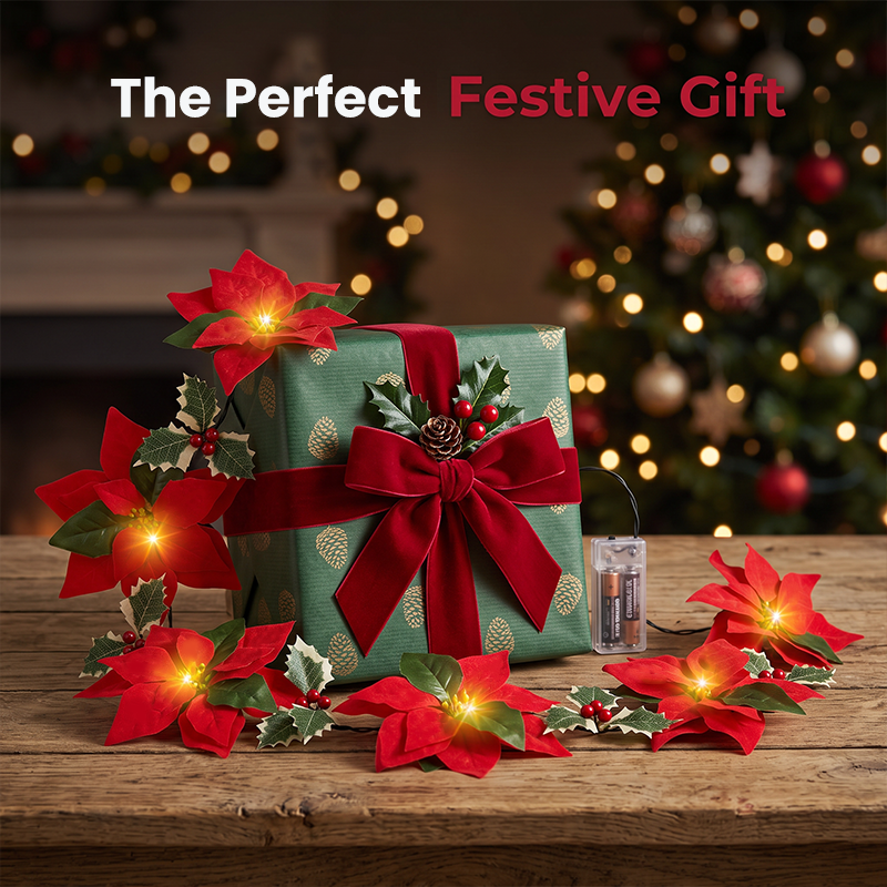🎄 Weihnachts‑Poinsettia‑Lichterkette, bunte Weihnachtsstern‑Blumen‑LED‑Lichterkette für Dekoration, Innen‑ und Außeneinsatz