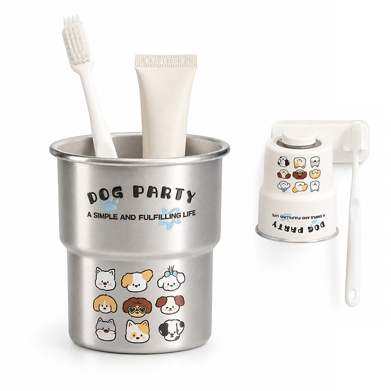 🔥🎁 50 % Rabatt!! 🐶✨Magnetisches kippfestes Set‑Niedlicher Edelstahl‑Mundspülbecher „Cute Dog Party“ für Paare