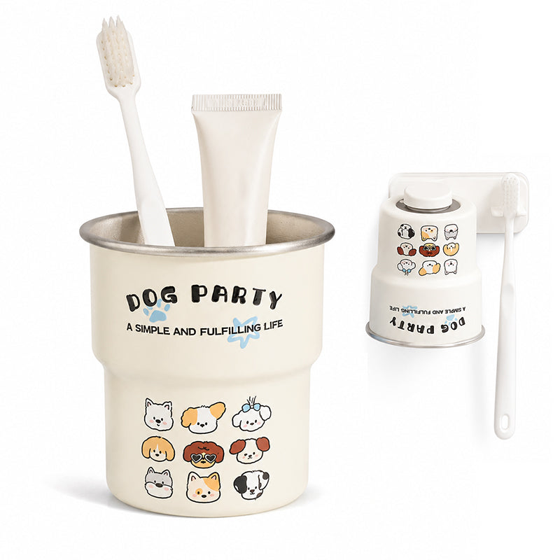 🔥🎁 50 % Rabatt!! 🐶✨Magnetisches kippfestes Set‑Niedlicher Edelstahl‑Mundspülbecher „Cute Dog Party“ für Paare
