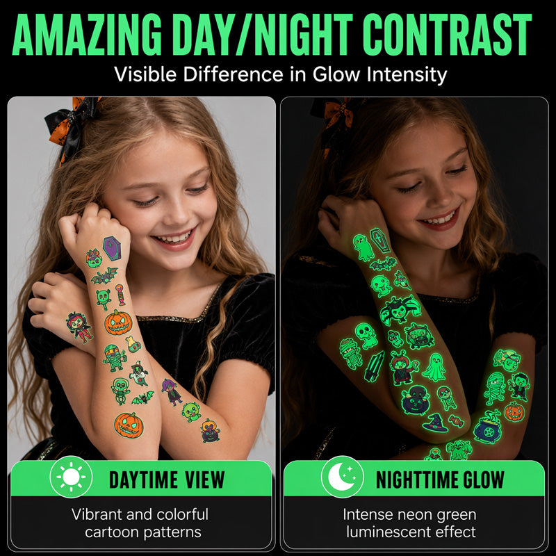 📢📢 JETZT 50 % RABATT!! ⏰Leuchtende Halloween-Tattoos für Kinder – Wasserfeste Cartoon-Glow-Sticker