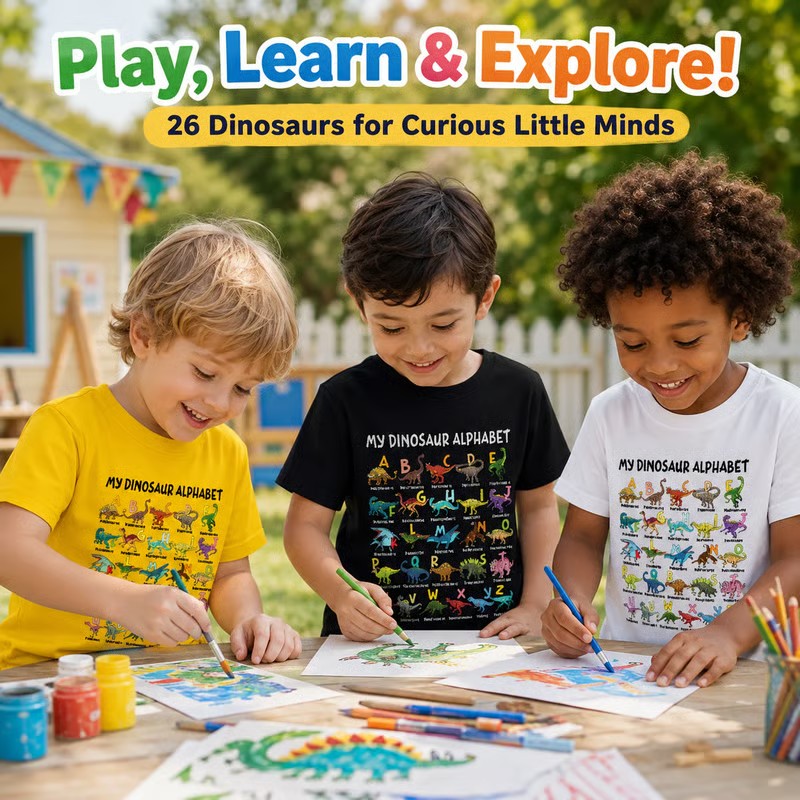 📢📢 50 % Rabatt!! 🥳🎁 Kinder-T-Shirt mit Dinosaurier-Alphabet-Grafik 🦕🔤