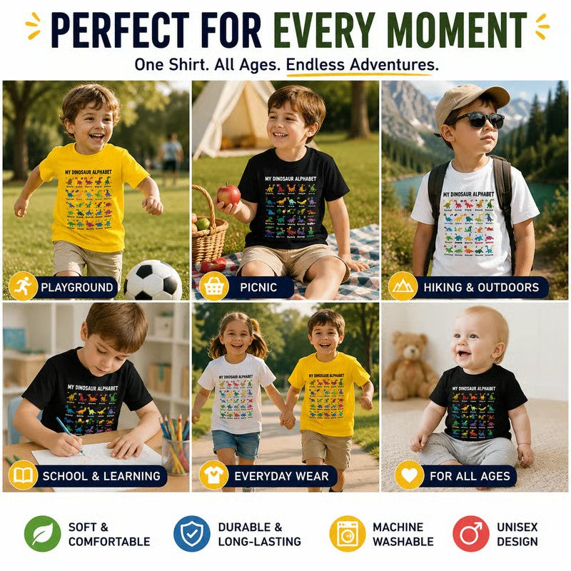 📢📢 50 % Rabatt!! 🥳🎁 Kinder-T-Shirt mit Dinosaurier-Alphabet-Grafik 🦕🔤