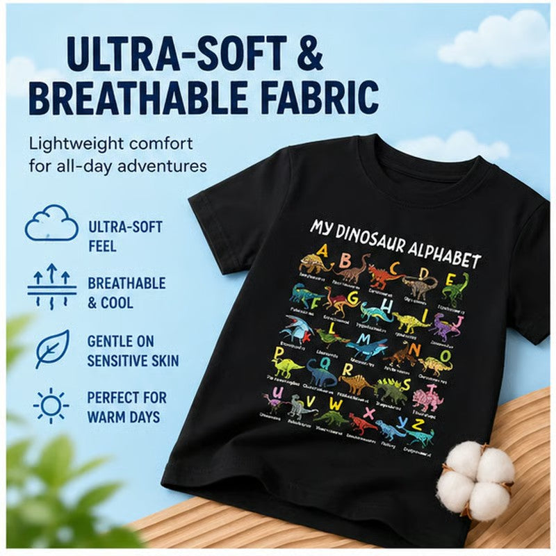 📢📢 50 % Rabatt!! 🥳🎁 Kinder-T-Shirt mit Dinosaurier-Alphabet-Grafik 🦕🔤