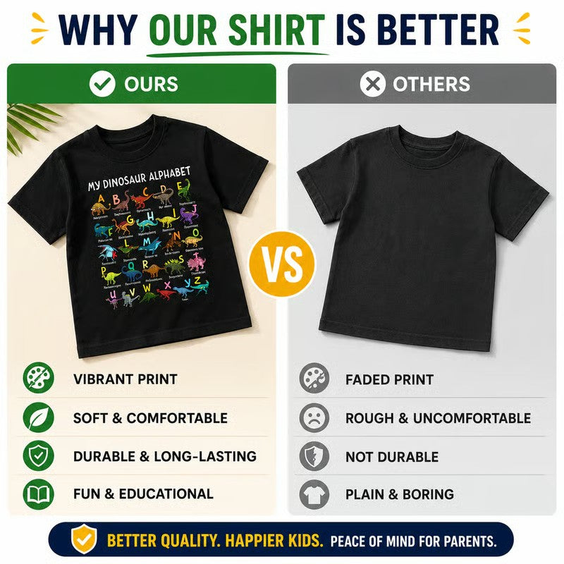 📢📢 50 % Rabatt!! 🥳🎁 Kinder-T-Shirt mit Dinosaurier-Alphabet-Grafik 🦕🔤