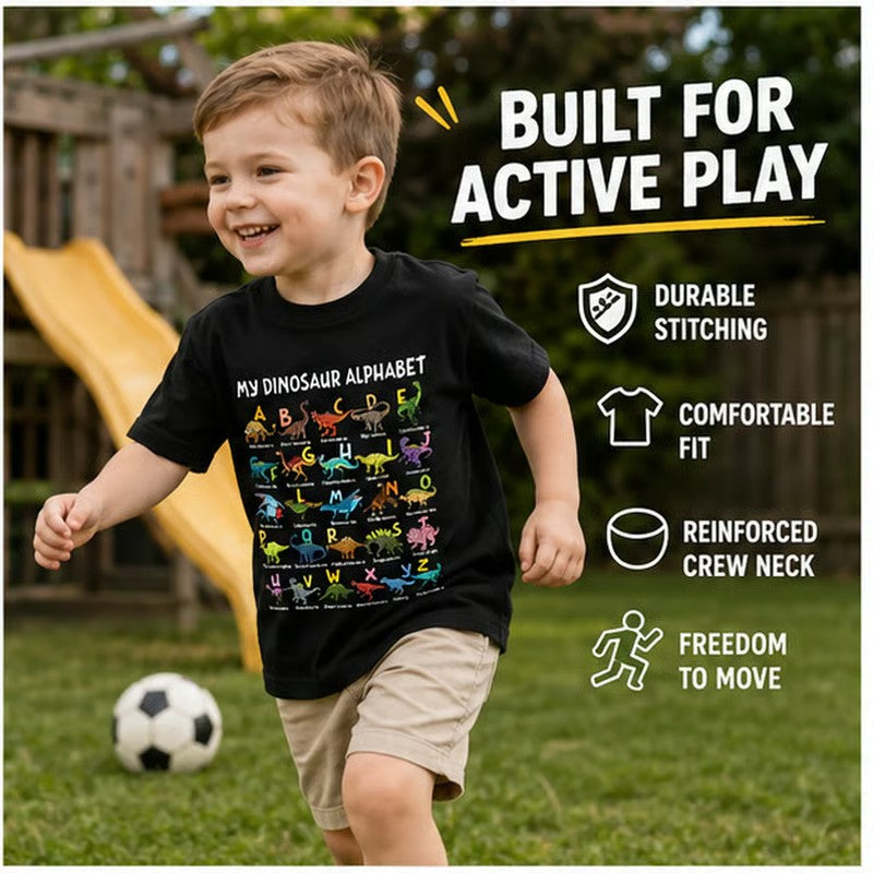 📢📢 50 % Rabatt!! 🥳🎁 Kinder-T-Shirt mit Dinosaurier-Alphabet-Grafik 🦕🔤