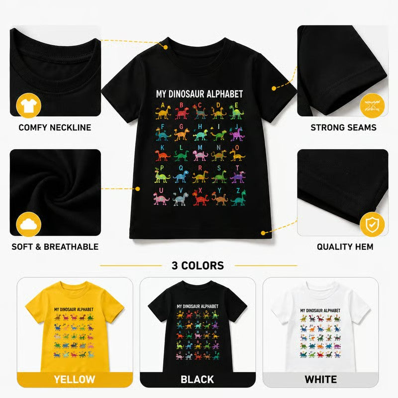 📢📢 50 % Rabatt!! 🥳🎁 Kinder-T-Shirt mit Dinosaurier-Alphabet-Grafik 🦕🔤