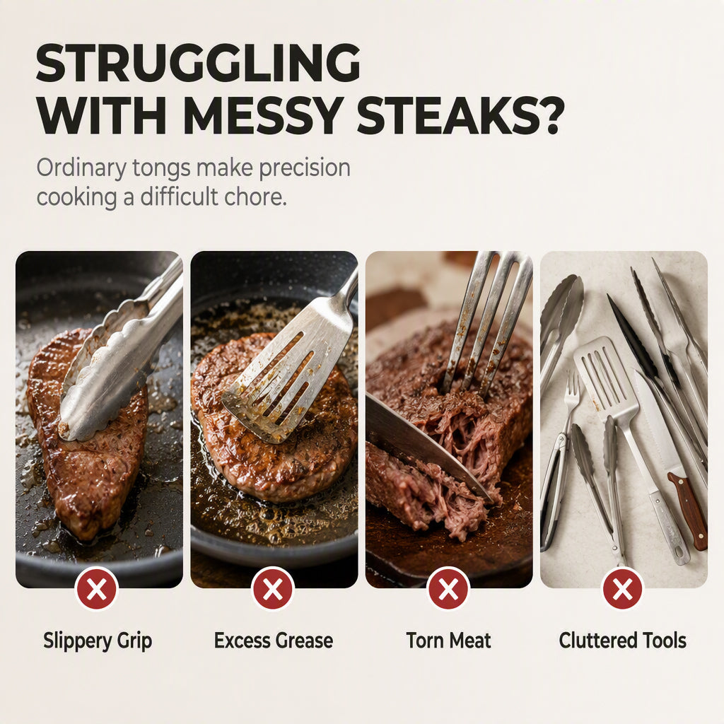 🥩 Edelstahl‑Steakzange mit gezahnter Kante, hitzebeständig, rutschfest für Grill, Küche und Bratpfanne