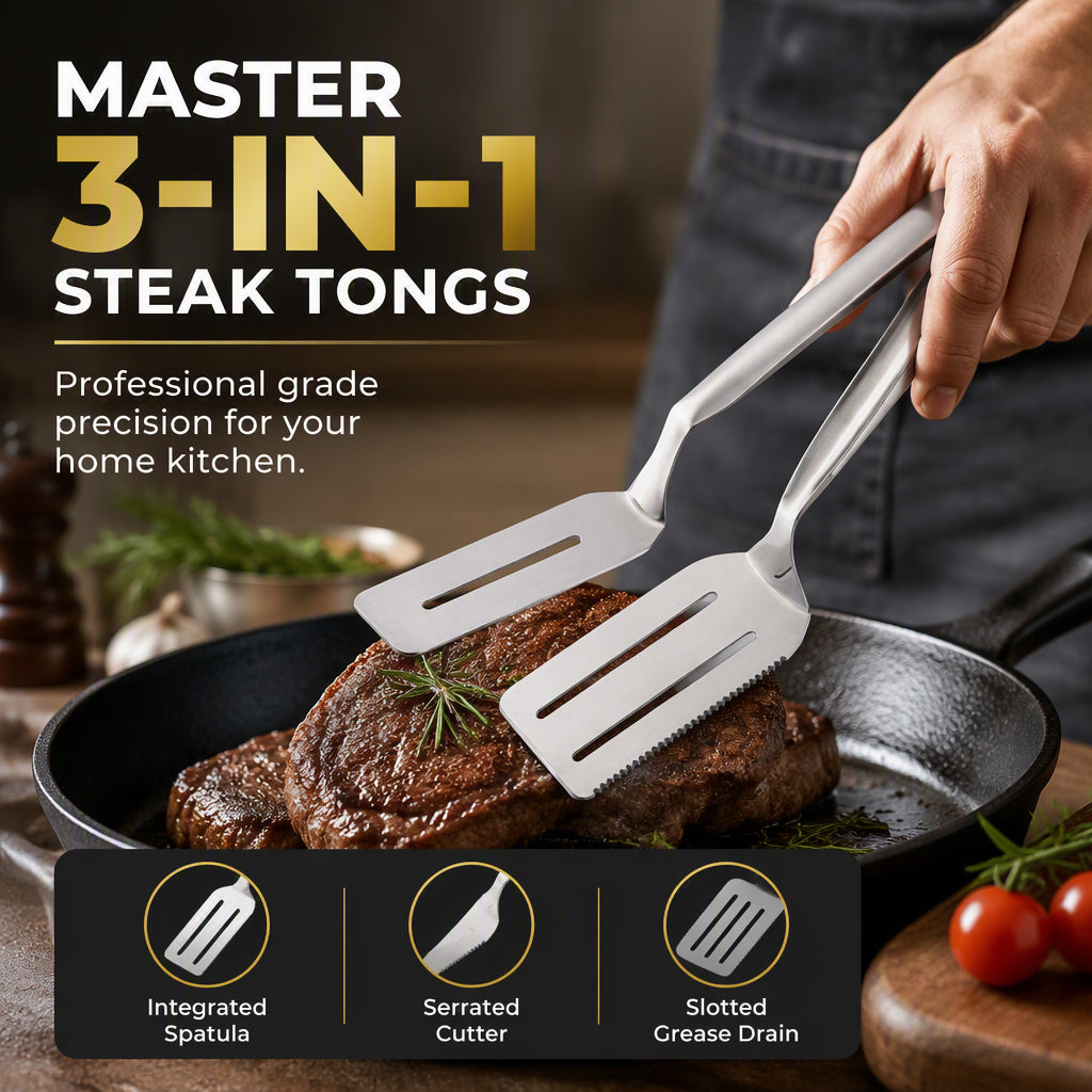 🥩 Edelstahl‑Steakzange mit gezahnter Kante, hitzebeständig, rutschfest für Grill, Küche und Bratpfanne