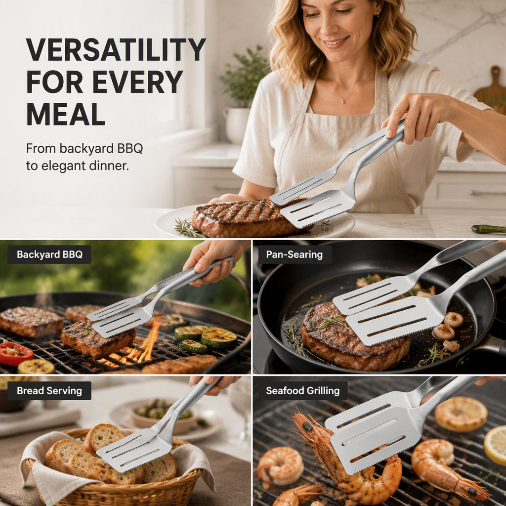 🥩 Edelstahl‑Steakzange mit gezahnter Kante, hitzebeständig, rutschfest für Grill, Küche und Bratpfanne