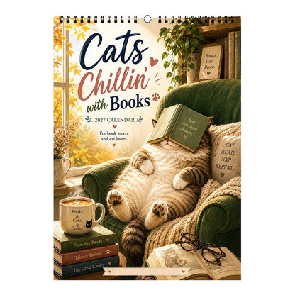 😻50 % RABATT | Wandkalender 2027 „Katzen beim Lesen“ – niedliche Katzen- und Buchmotive, große Schreibfelder, perfektes Geschenk für Katzen- und Buchliebhaber!