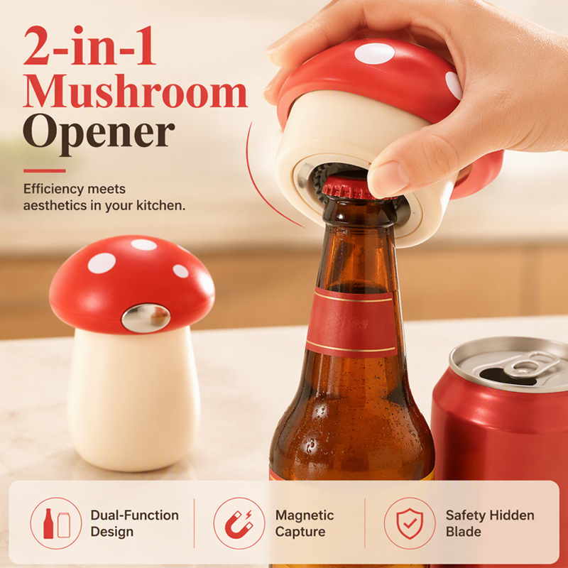 🍄 2-in-1 magnetischer Pilz-Flaschenöffner, mit Magnet zum Auffangen von Kronkorken, Küchenhelfer