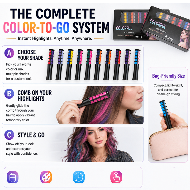 🔥🎁 2+1 GRATIS!!🥳💞 50K+ VERKAUFT! 🎨💇‍♀️ Temporärer Haarfarbe-Kamm – Schnelle & schonende Highlights für Partys & Festivals | Kompakt & tragbar