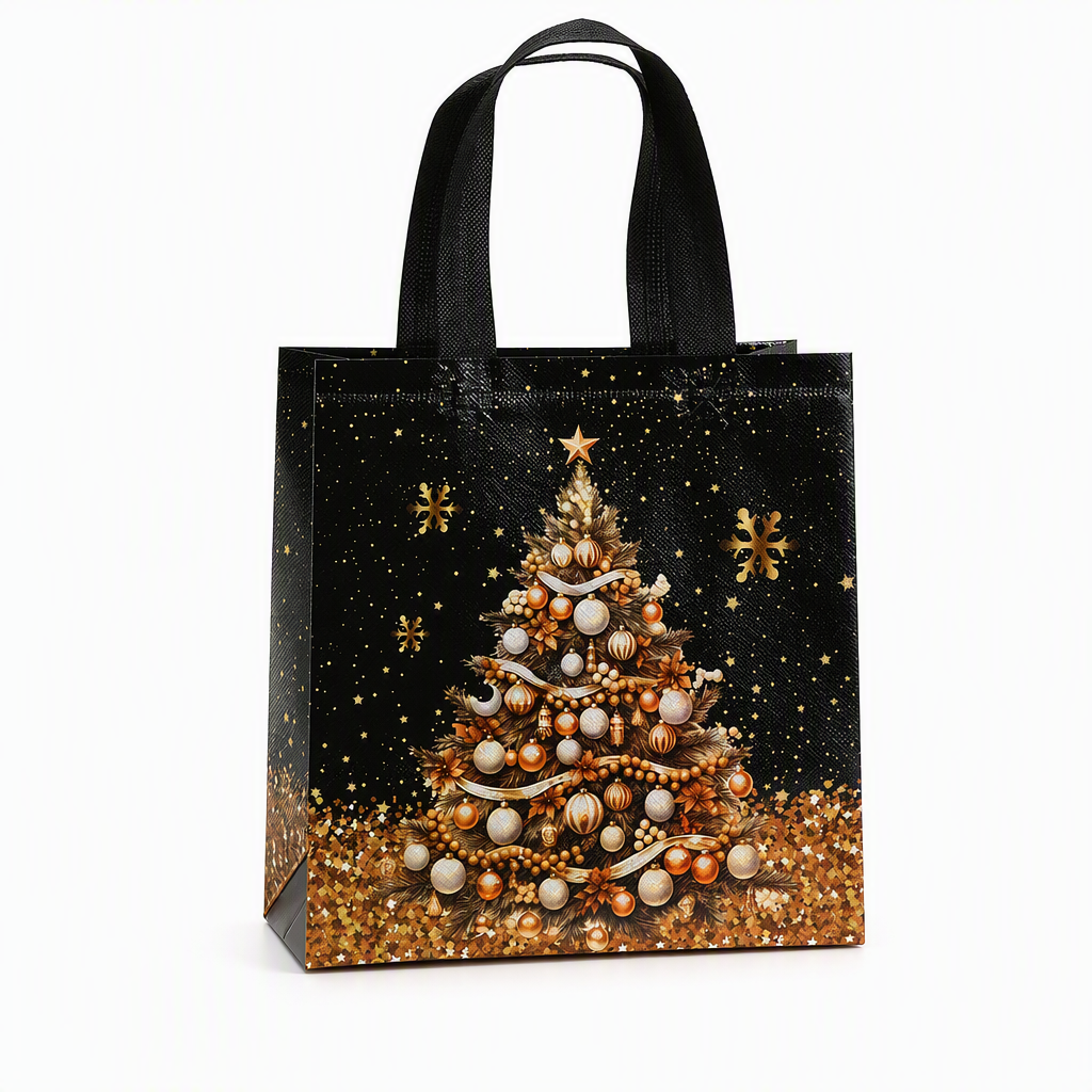 🎁Schwarze Weihnachts-Geschenktragetasche aus Vliesstoff, Geschenkverpackungstasche für Feiertage, 23x22x11 cm